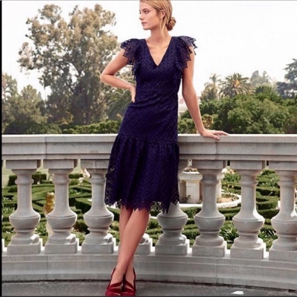 ANTONIO MELANI Navy Blue Lace Midi Dress Sleeveless V-Neck Ruffle Size 0‎ New